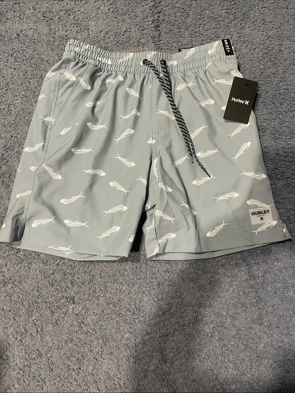 Hurley Light Gray Swim Shorts with White Fish Motif- NWT